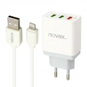 شارژر دیواری فست شارژ Novax Ch-102 3Port QC3 2.4A PD + کابل آیفونی