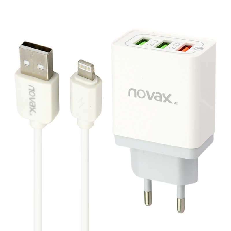 شارژر دیواری فست شارژ Novax Ch-102 3Port QC3 2.4A PD + کابل آیفونی