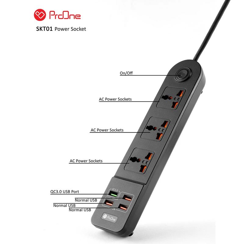 چند راهی 3 خانه پرووان SKT01 با کابل 2 متری + شارژر USB