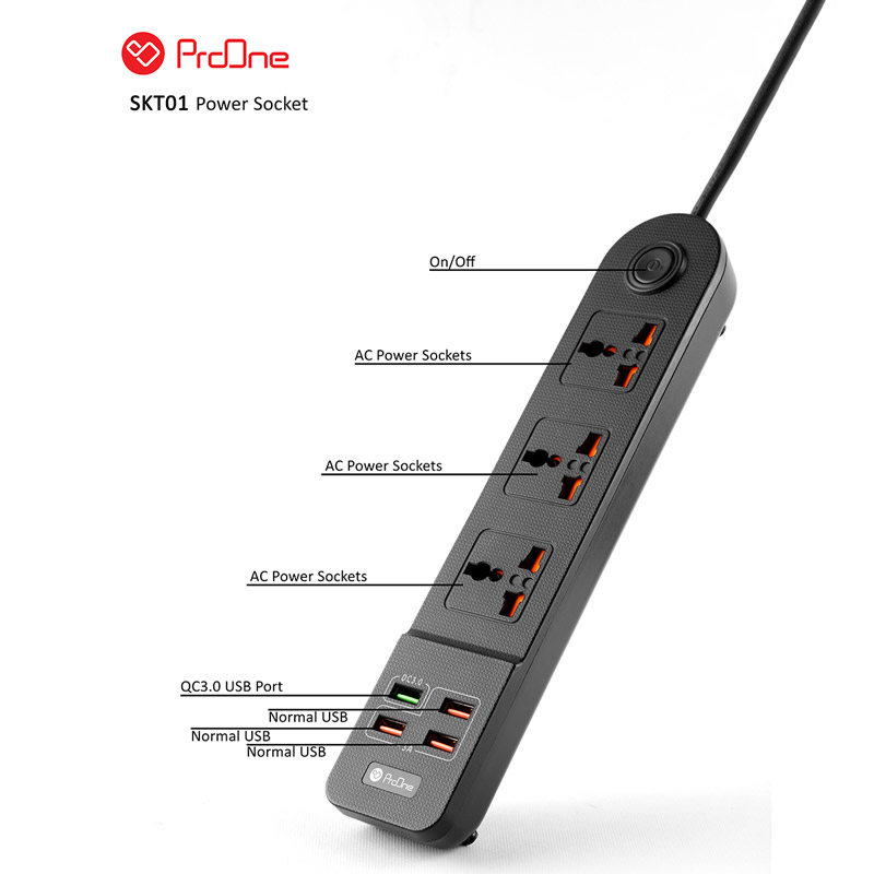 چند راهی 3 خانه برق پرووان SKT01 با کابل 2 متری + شارژر USB
