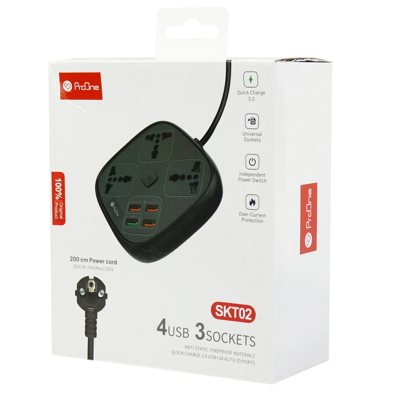 چند راهی 3 خانه پرووان SKT02 با کابل 2 متری + شارژر USB