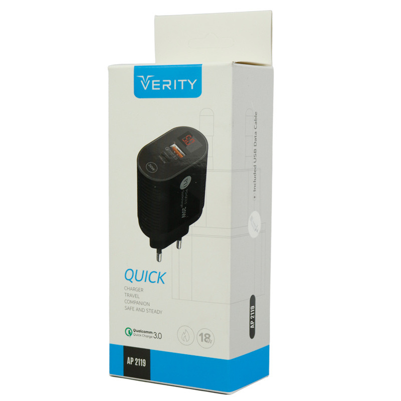 شارژر دیواری فست شارژ Verity AP-2119 2Port QC3.0 4A PD 20W + کابل Type-C
