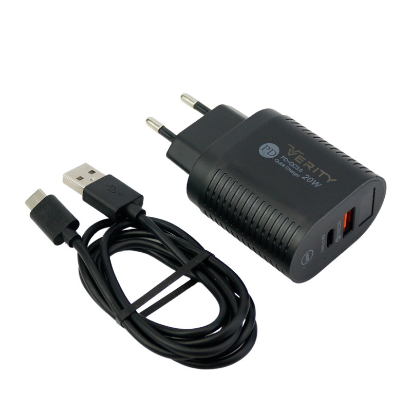 شارژر دیواری فست شارژ Verity AP-2119 2Port QC3.0 4A PD 20W + کابل Type-C