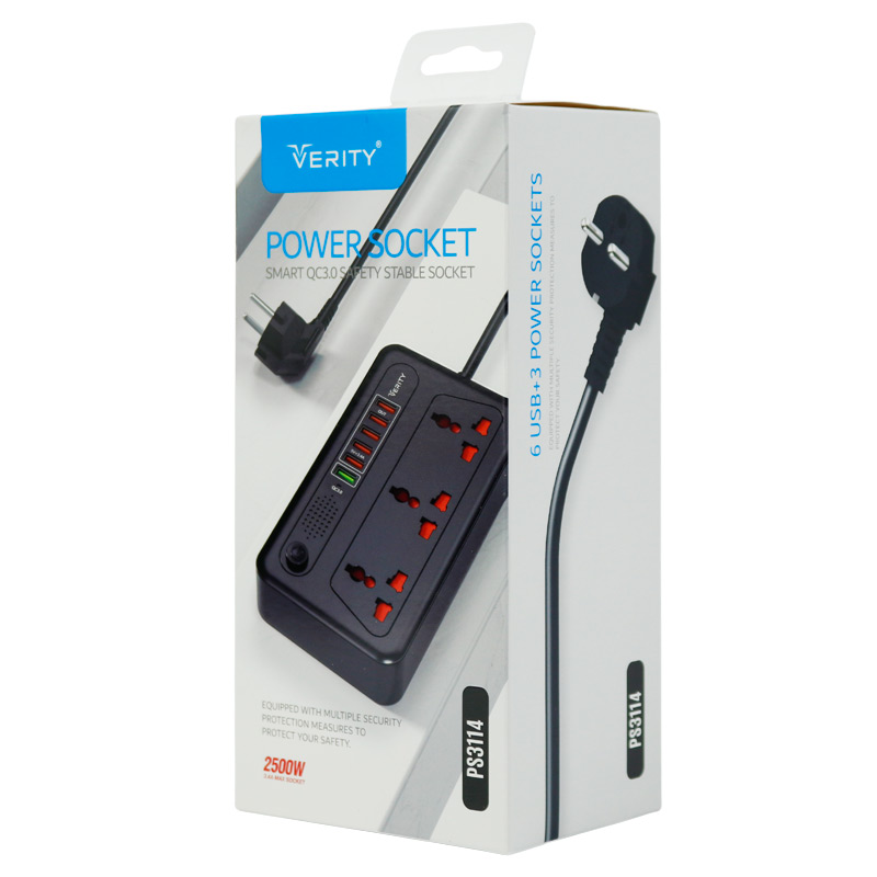 چند راهی 3 خانه برق وریتی PS 3114 با کابل 2 متری + شارژر USB
