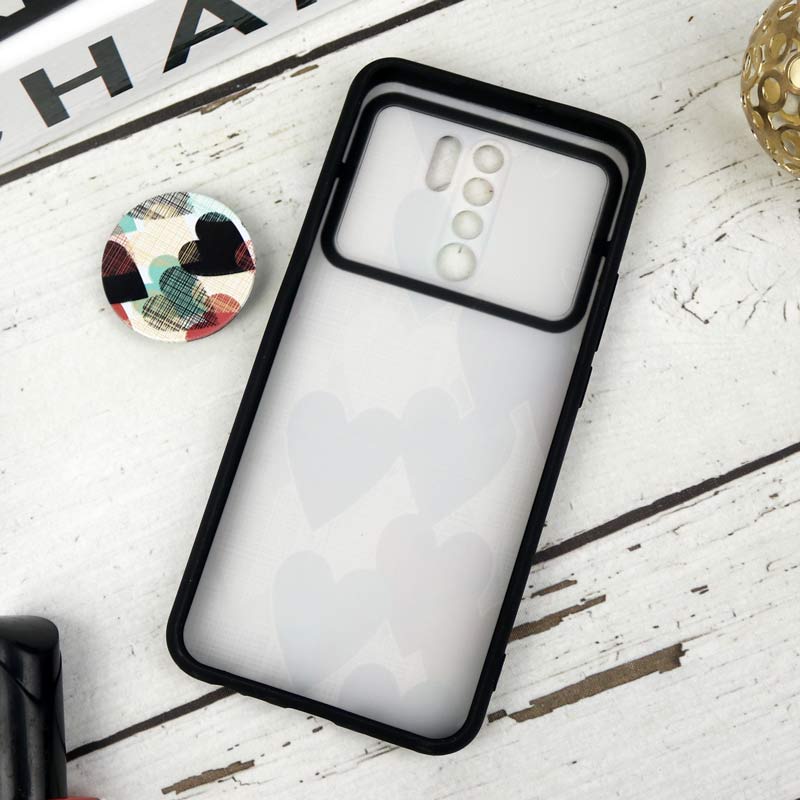 قاب طرحدار محافظ لنزدار کشویی + پاپ سوکت طرح قلبی شیائومی Redmi 9 سری B