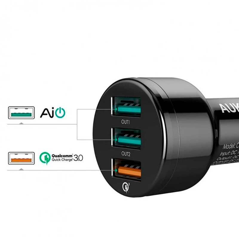 شارژر فندکی فست شارژ Aukey CC-T11 QC3.0 3A 42W + کابل تایپ سی