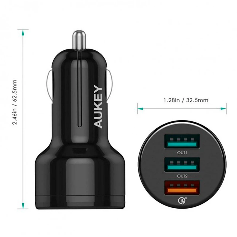شارژر فندکی فست شارژ Aukey CC-T11 QC3.0 3A 42W + کابل تایپ سی
