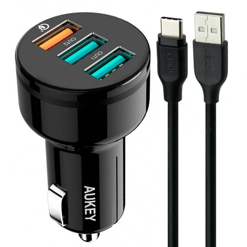 شارژر فندکی فست شارژ Aukey CC-T11 QC3.0 3A 42W + کابل تایپ سی