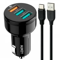 شارژر فندکی فست شارژ Aukey CC-T11 QC3.0 3A PD 42W + کابل تایپ سی