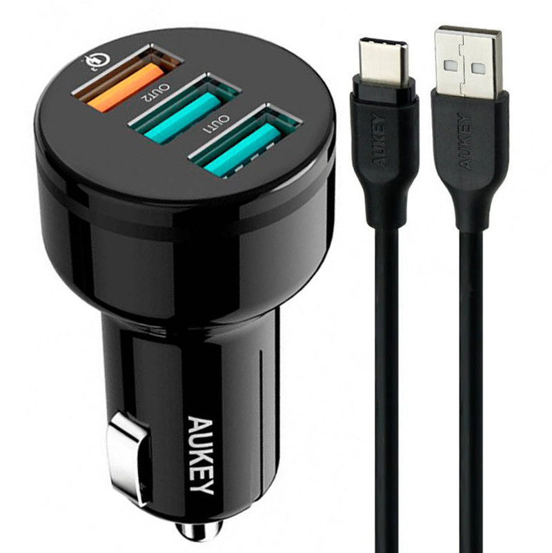 شارژر فندکی فست شارژ Aukey CC-T11 QC3.0 3A PD 42W + کابل تایپ سی