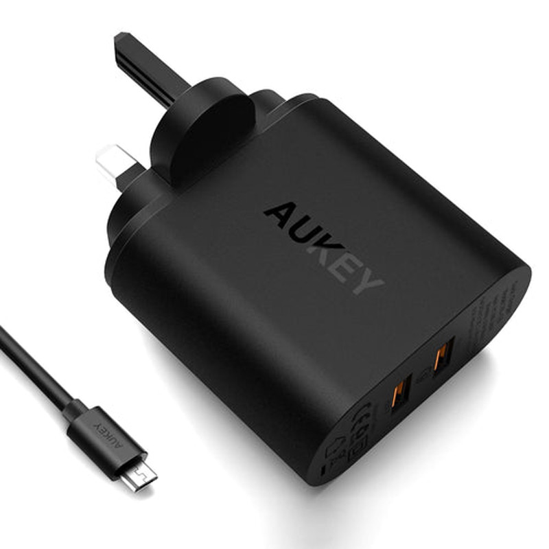 شارژر دیواری فست شارژ Aukey PA-T16 2Port 3A QC3 PD 36W + کابل میکرو یو اس بی