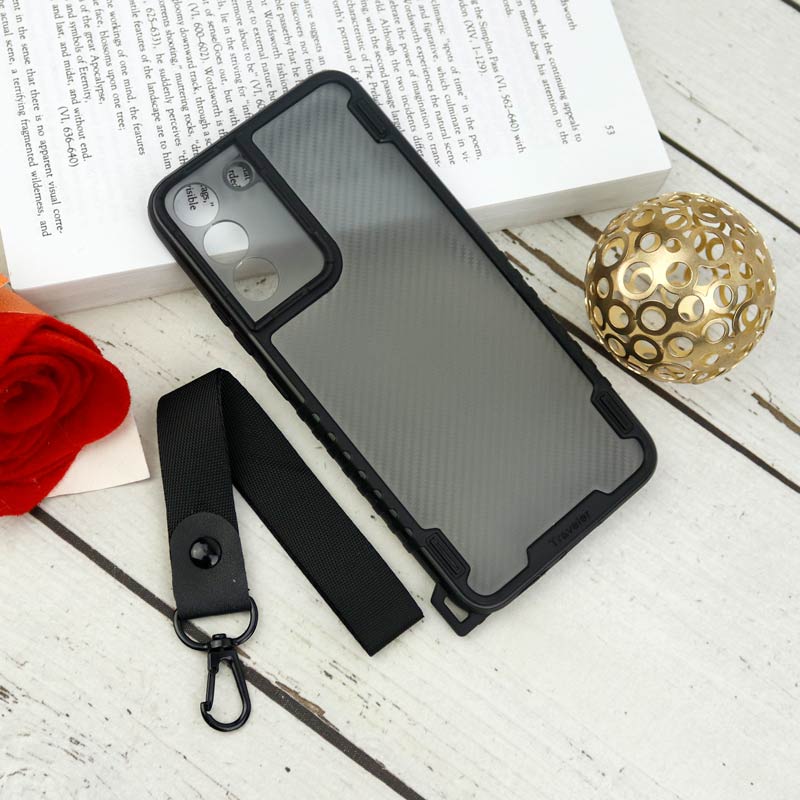 قاب PC Carbon محافظ لنز دار + بند آویز Samsung Galaxy S22 Plus