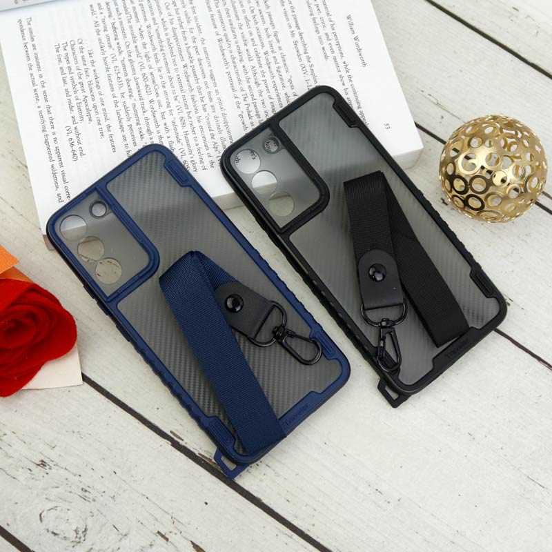 قاب PC Carbon محافظ لنز دار + بند آویز Samsung Galaxy S22 Plus