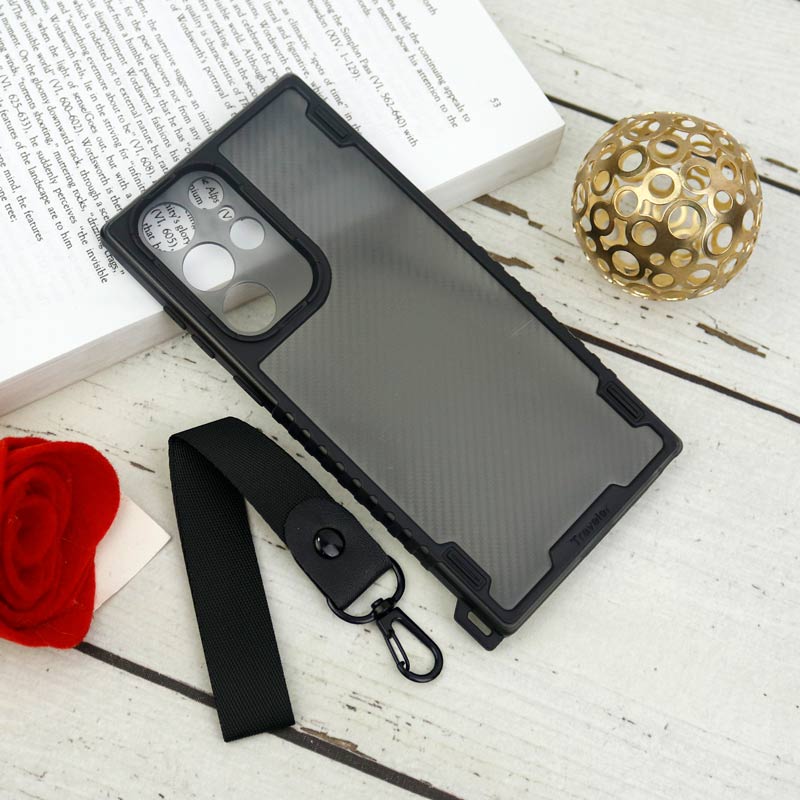 قاب PC Carbon محافظ لنز دار + بند آویز Samsung Galaxy S22 Ultra