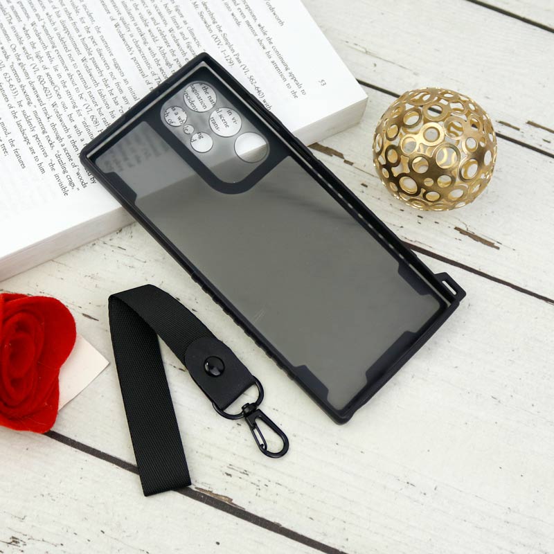 قاب PC Carbon محافظ لنز دار + بند آویز Samsung Galaxy S22 Ultra