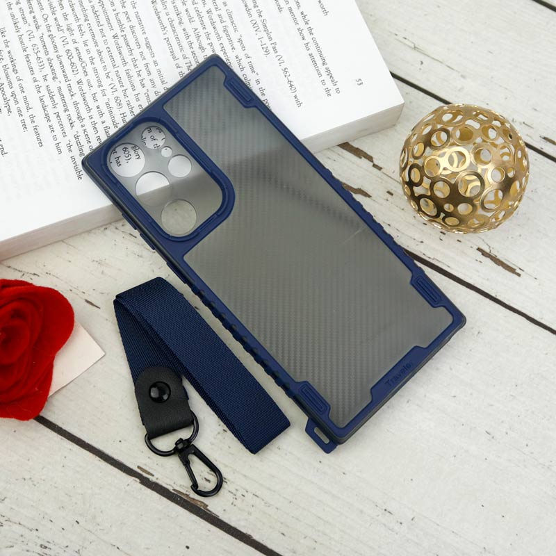 قاب PC Carbon محافظ لنز دار + بند آویز Samsung Galaxy S22 Ultra