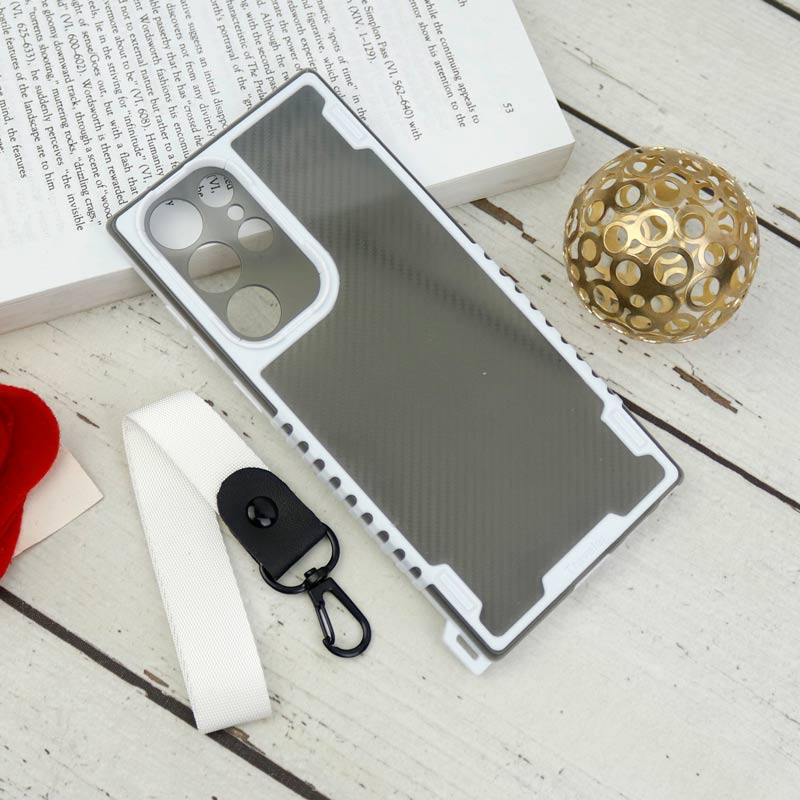 قاب PC Carbon محافظ لنز دار + بند آویز Samsung Galaxy S22 Ultra