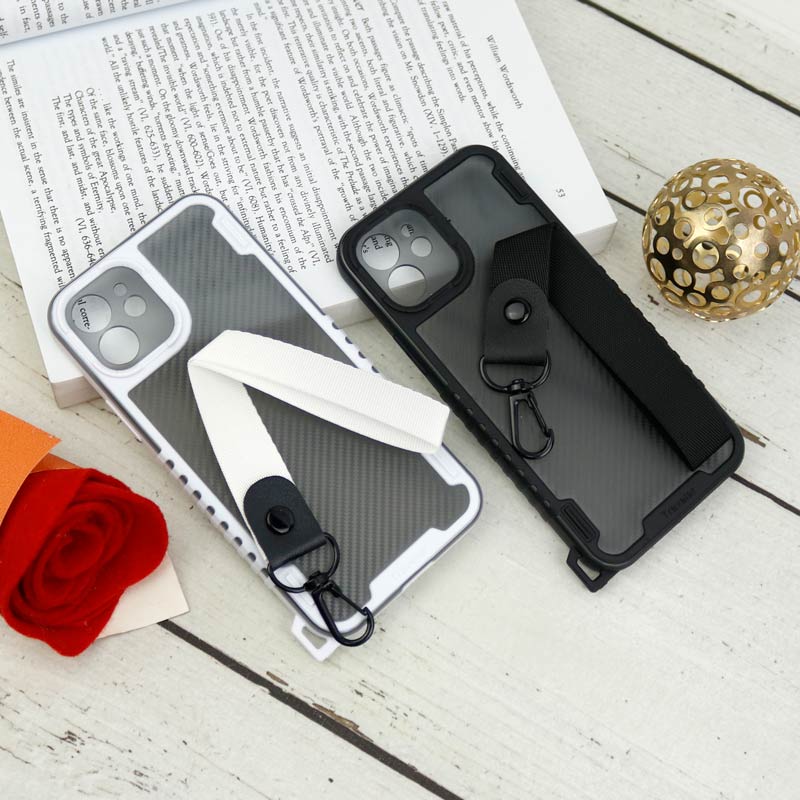 قاب PC Carbon محافظ لنز دار + بند آویز iPhone 12