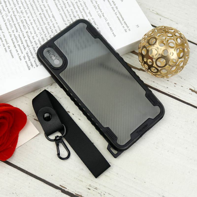 قاب PC Carbon محافظ لنز دار + بند آویز iPhone X