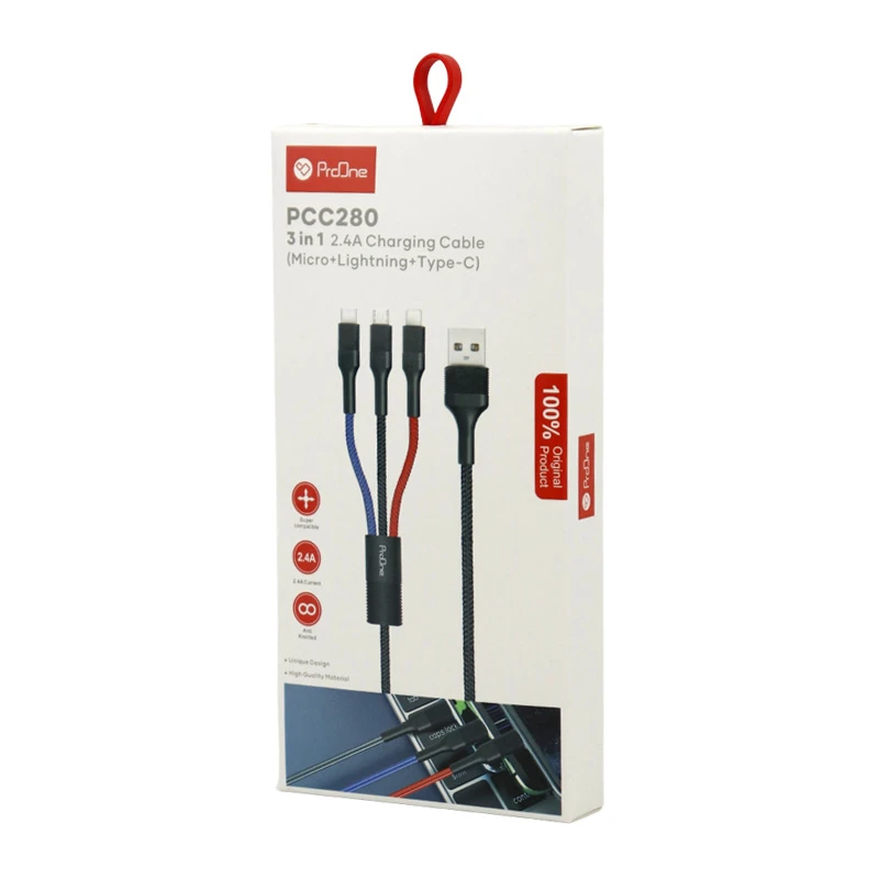 کابل سه سر فست شارژ 2.4 آمپر پرووان PCC280 طول 1 متر