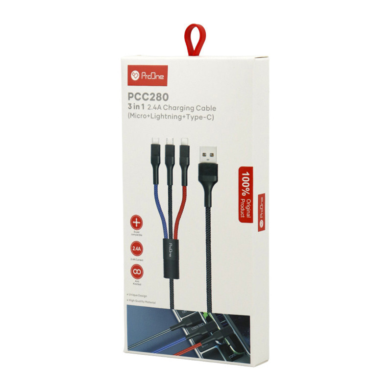 کابل 3 سر فست شارژ ProOne PCC280 2.4A 1m