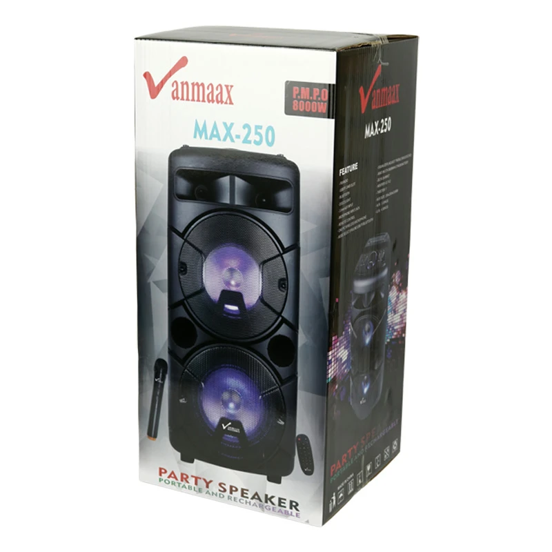 اسپیکر چمدانی بلوتوثی رم و فلش خور Vanmaax MAX-250 + میکروفون و ریموت کنترل