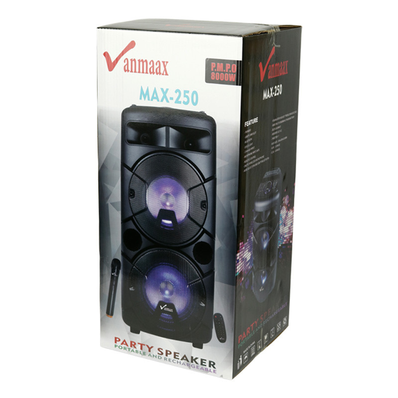 اسپیکر چمدانی بلوتوثی رم و فلش خور Vanmaax MAX-250 + میکروفون و ریموت کنترل