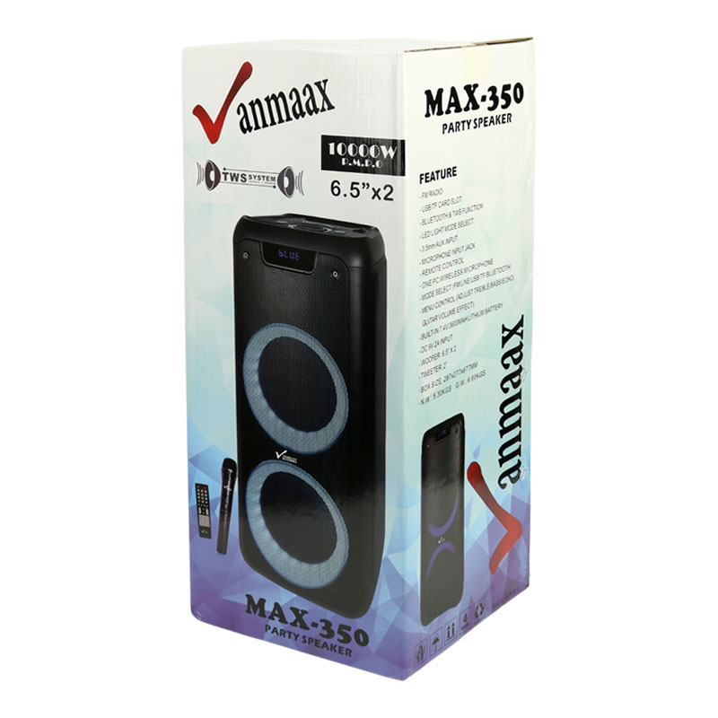اسپیکر چمدانی بلوتوثی رم و فلش خور Vanmaax MAX-350 + میکروفون و ریموت کنترل
