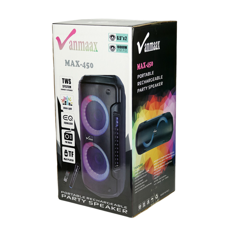 اسپیکر چمدانی بلوتوثی رم و فلش خور Vanmaax MAX-450 + میکروفون و ریموت کنترل