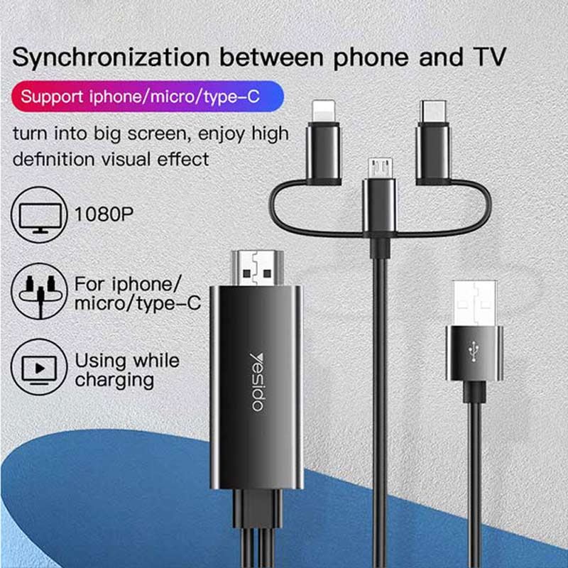 کابل تبدیل Lightning/MicroUSB/Type-C به HDMI یسیدو HM05 طول 1.8 متر