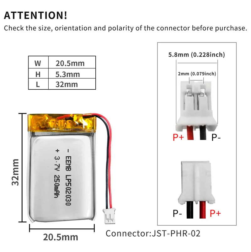 باتری لیتیوم ۲۵۰mAh 32*20.5*5.3mm 502030