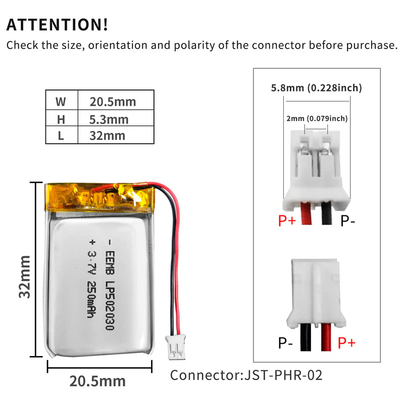 باتری لیتیوم ۲۵۰mAh 32*20.5*5.3mm 502030