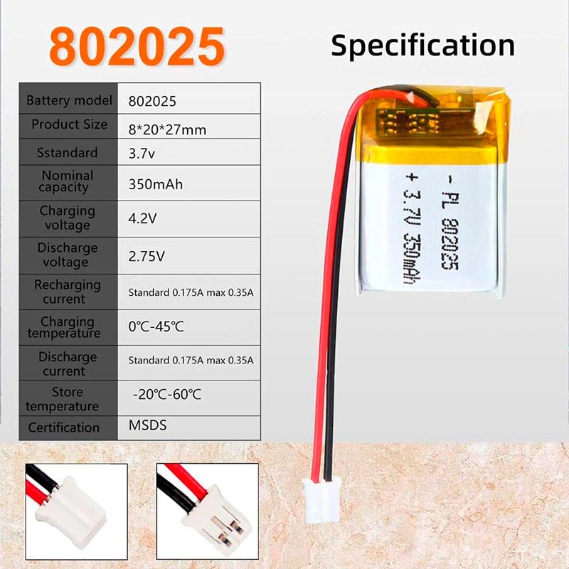 باتری لیتیوم ۳۵۰mAh 27*20*8mm 802025