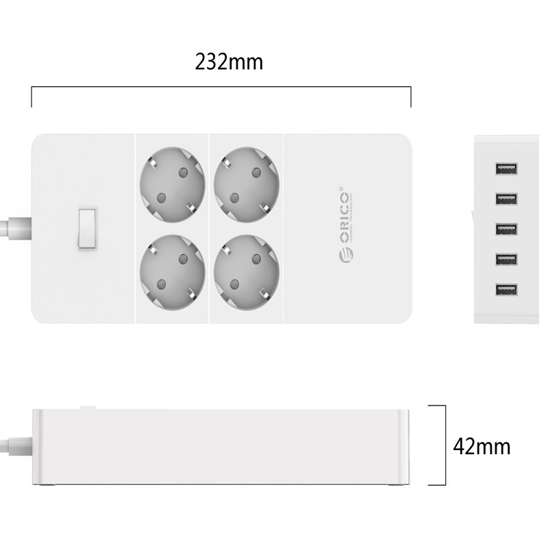 چند راهی 4 خانه برق ارت دار اوریکو با کابل 1٫5 متری Orico HPC-4A5U-V1-EU + شارژر USB