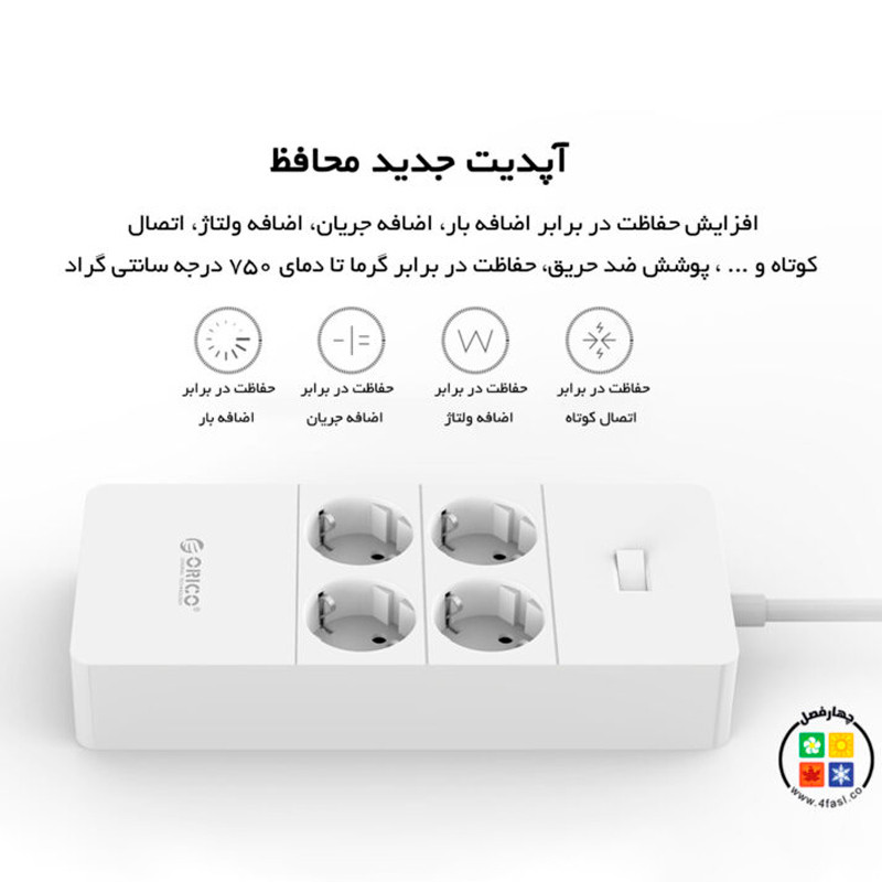 چند راهی 4 خانه برق ارت دار اوریکو با کابل 1٫5 متری Orico HPC-4A5U-V1-EU + شارژر USB