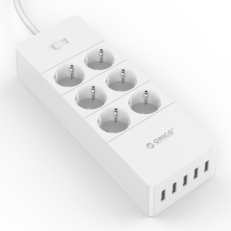چند راهی 6 خانه برق ارت دار اوریکو با کابل 1٫5 متری Orico HPC-6A5U-V1-EU + شارژر USB