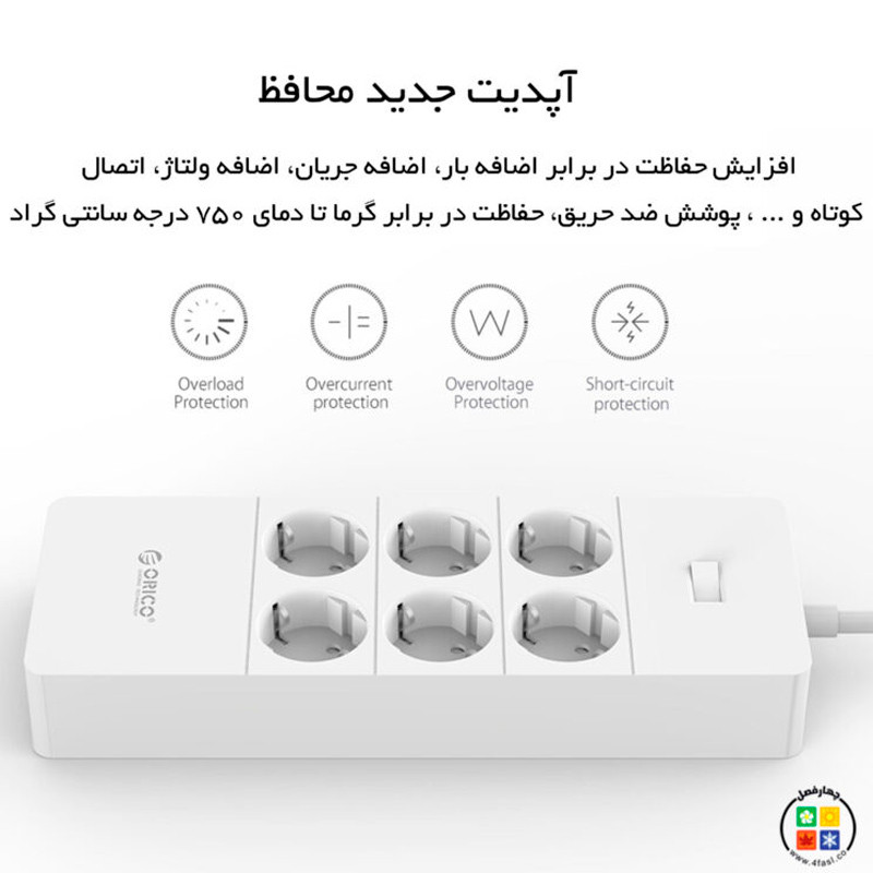 چند راهی 6 خانه برق ارت دار اوریکو با کابل 1٫5 متری Orico HPC-6A5U-V1-EU + شارژر USB