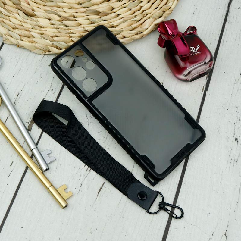 قاب PC Carbon محافظ لنز دار + بند آویز Samsung Galaxy S21 Ultra
