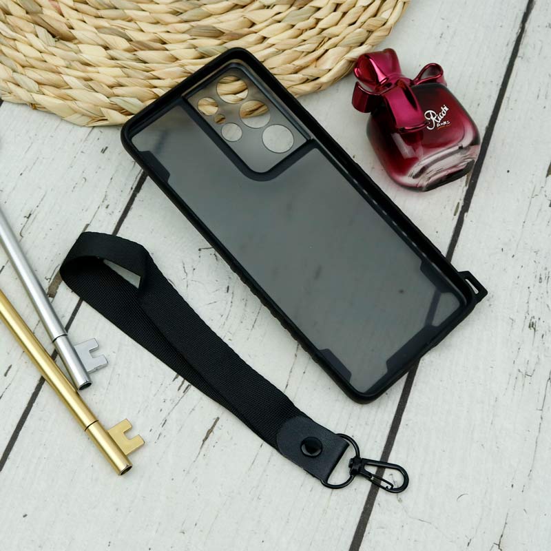 قاب PC Carbon محافظ لنز دار + بند آویز Samsung Galaxy S21 Ultra