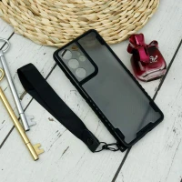 قاب PC Carbon محافظ لنز دار + بند آویز Samsung Galaxy S21 Ultra