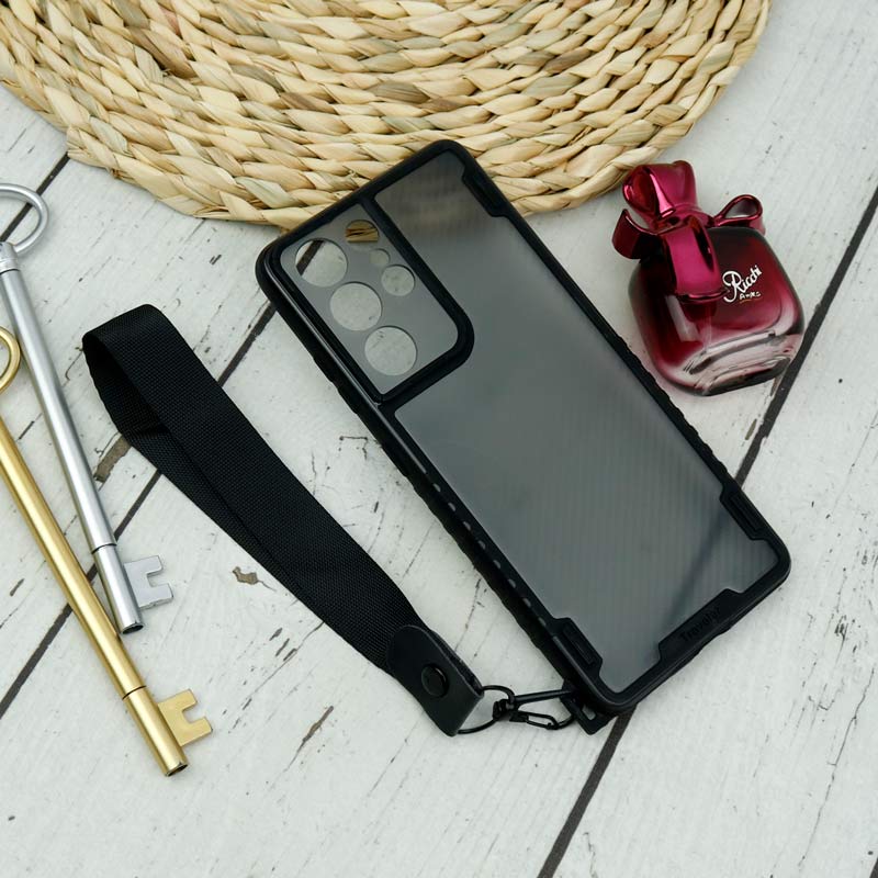 قاب PC Carbon محافظ لنز دار + بند آویز Samsung Galaxy S21 Ultra