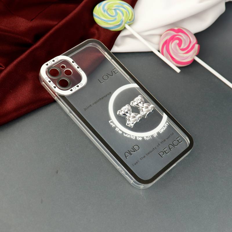 قاب عروسکی خرس نقره ای محافظ لنزدار iPhone 11