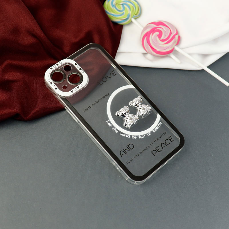 قاب عروسکی خرس نقره ای محافظ لنزدار iPhone 13