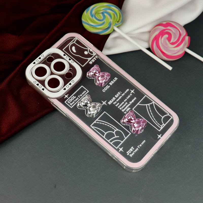 قاب عروسکی خرس نقره ای محافظ لنزدار iPhone 13 Pro