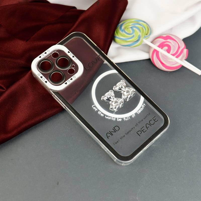 قاب عروسکی خرس نقره ای محافظ لنزدار iPhone 13 Pro