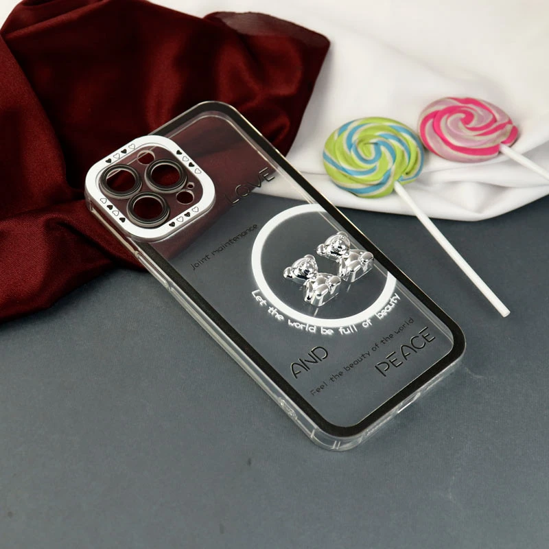 قاب عروسکی خرس نقره ای محافظ لنزدار iPhone 13 Pro Max