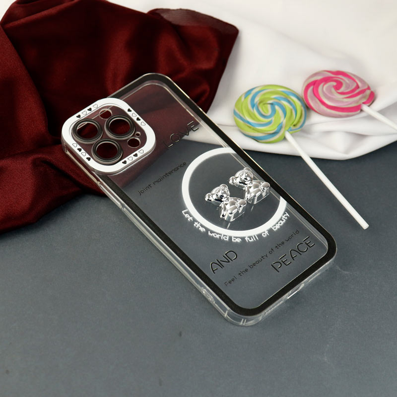 قاب عروسکی خرس نقره ای محافظ لنزدار iPhone 13 Pro Max