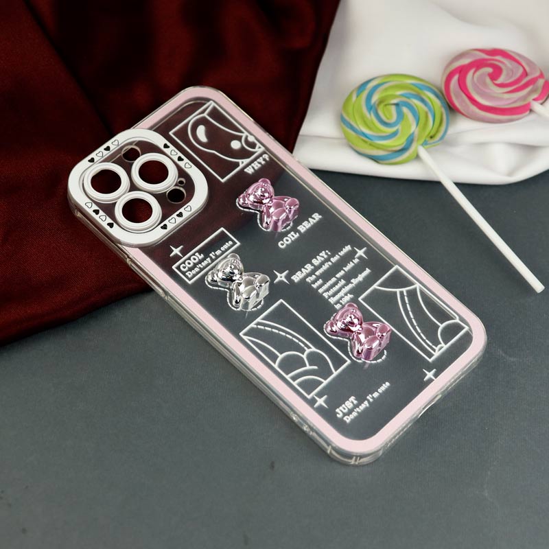 قاب عروسکی خرس نقره ای محافظ لنزدار iPhone 13 Pro Max
