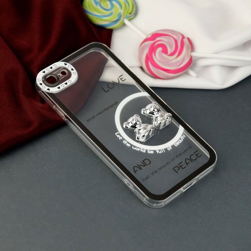 قاب عروسکی خرس نقره ای محافظ لنزدار iPhone 7/8
