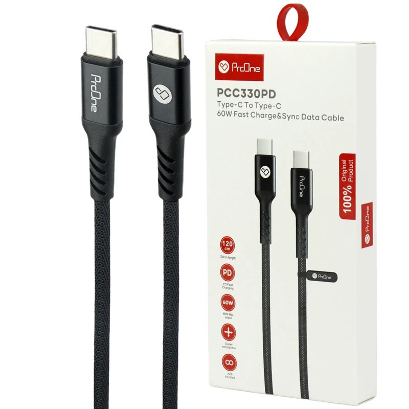 کابل دو سر تایپ سی فست شارژ 60 وات پرووان PCC330PD طول 1.2 متر